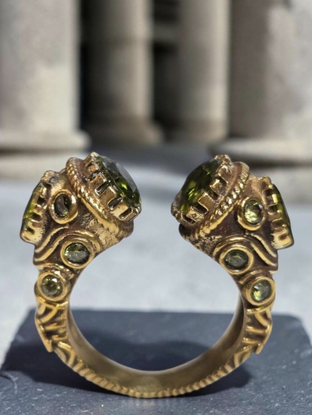 Luxury Antique Gold Plated Byzantine Revival Peridot Chunky Ornate Ring